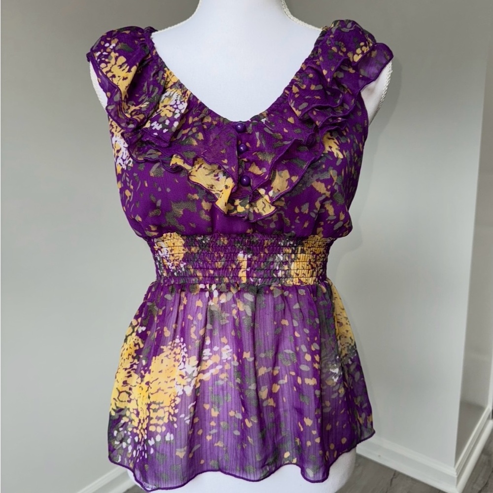 Vtg Rue21 Purple Floral Ruffle Sheer Blouse Smocked Waist M‎ Juniors Y2K Boho
